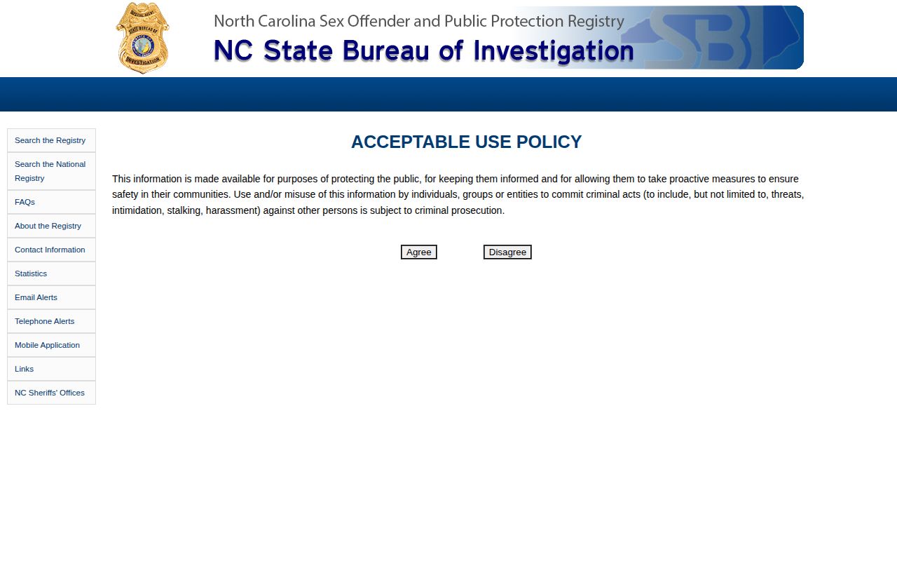 North Carolina official sex offender registry search and disclaimer