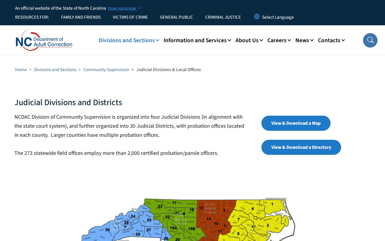 NCDAC community supervision judicial districts and local offices page