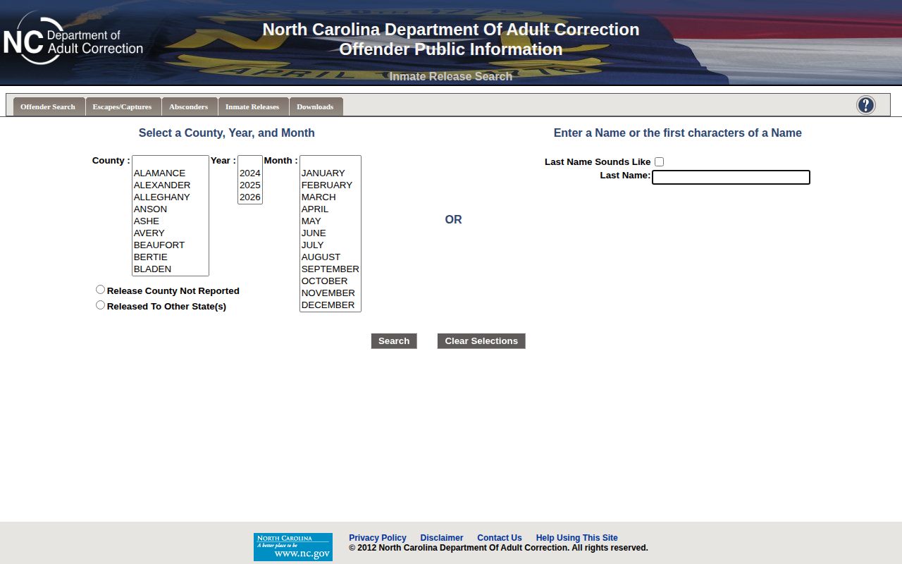 Wilson County state release record search fields in NCDAC
